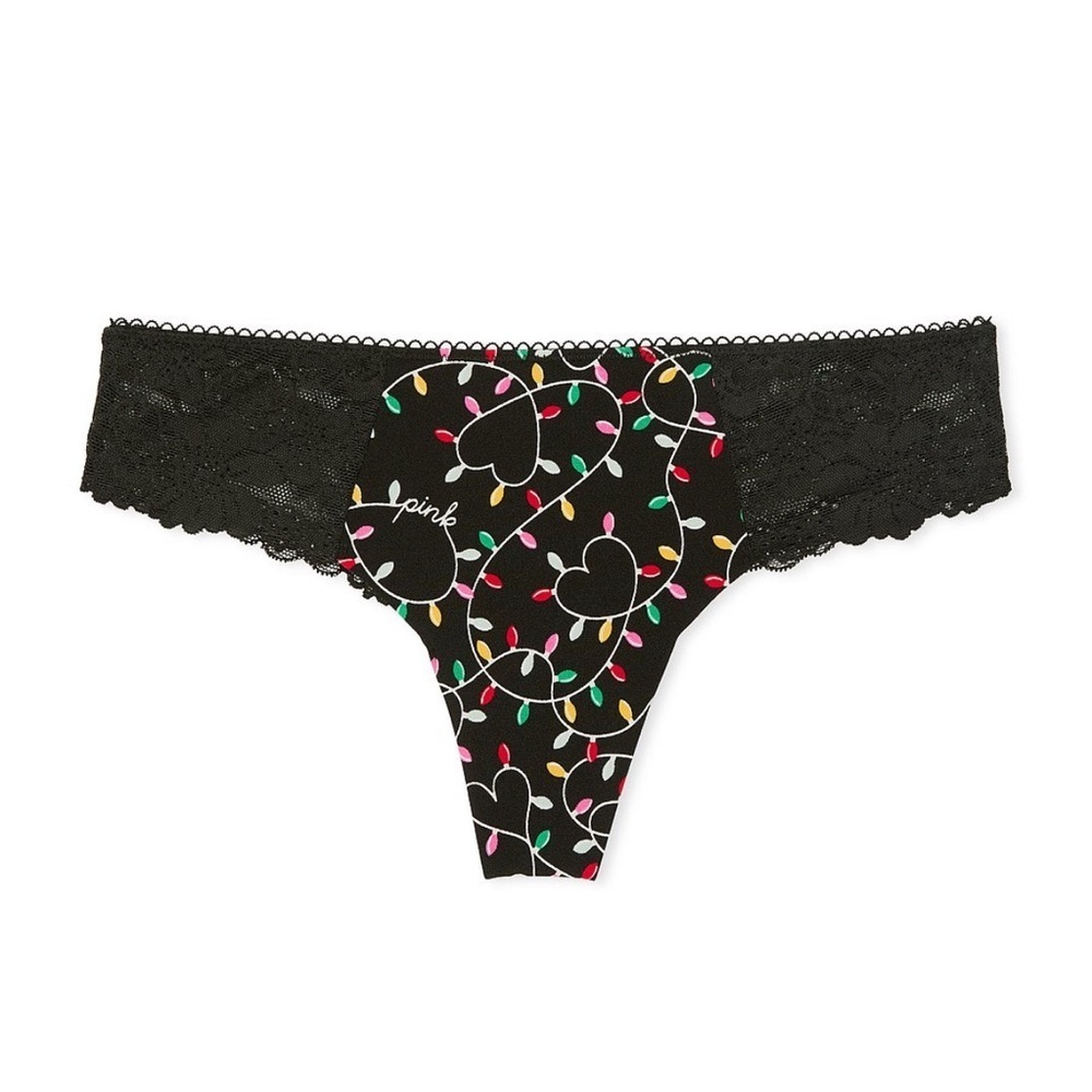 ✨🖤NWT Victoria's Secret PINK Lace Trim Cheeky Thong Panty - Black Lights Print M